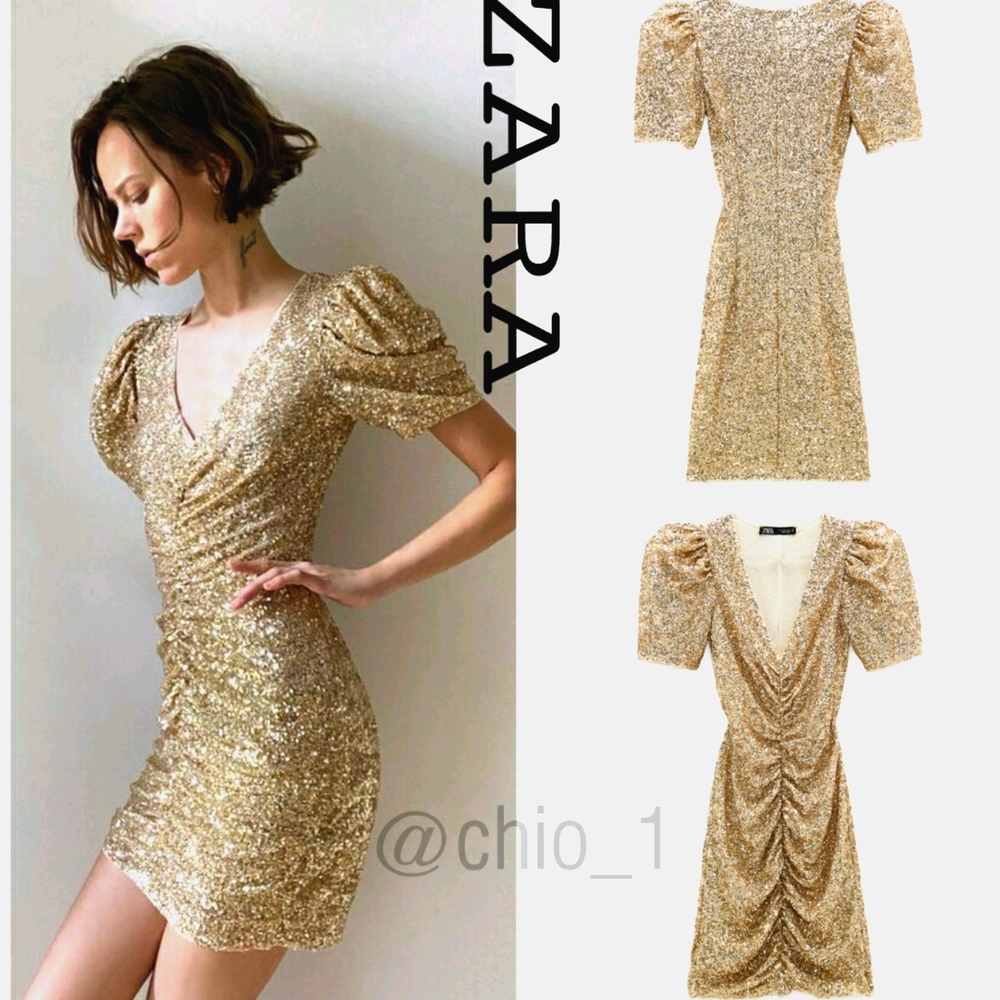 ZARA LIMITED EDITION DRAPED SEQUIN GOLD DRESS - Picture 4 of 16